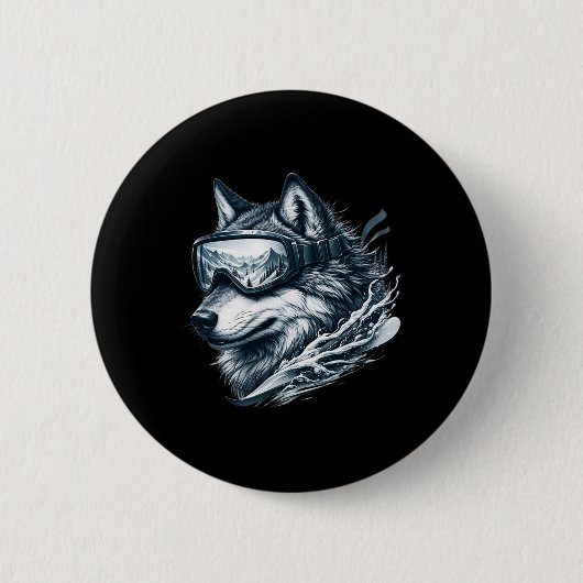 Wolf met skibril Wolf skiën Ronde Button 5,7 Cm (Voorkant)
