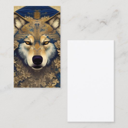 Wolf met Sterrenogen in Blauw en Gouden Patronen Contactkaartje (Voorkant / Achterkant)