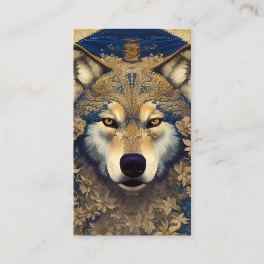 Wolf met Sterrenogen in Blauw en Gouden Patronen Contactkaartje (Voorkant)