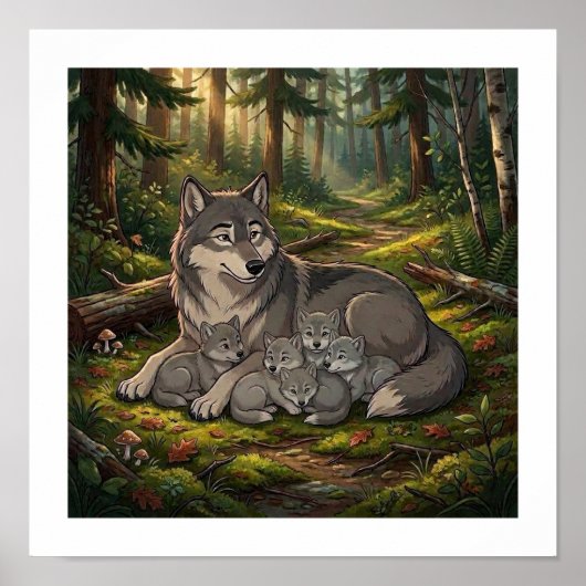 Wolf Moeder En Welpen Poster (Voorkant)