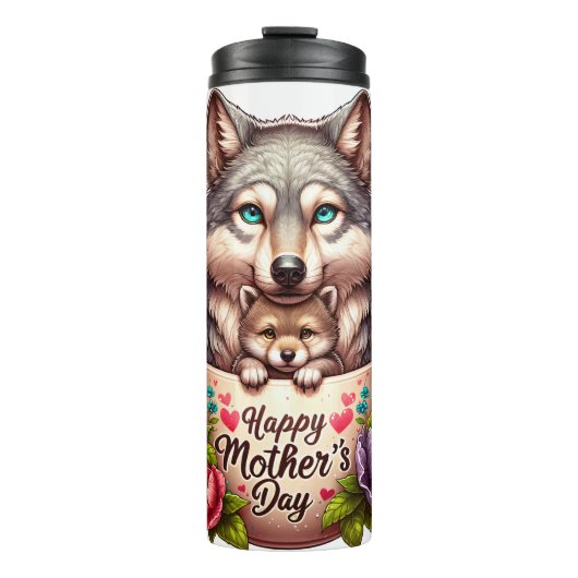 Wolf Mom: Pup, Bloemen, Moederdag Thermosbeker (Voorkant)
