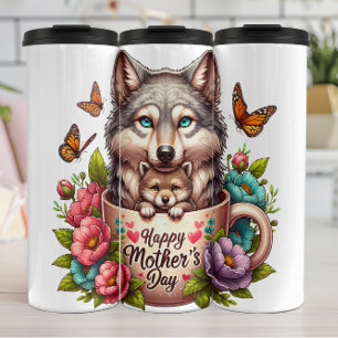 Wolf Mom: Pup, Bloemen, Moederdag Thermosbeker
