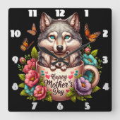 Wolf Mom: Pup, Bloemen, Moederdag Vierkante Klok (Voorkant)