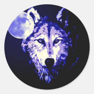 Wolf & Moon Dark Blue Night Collage Ronde Sticker