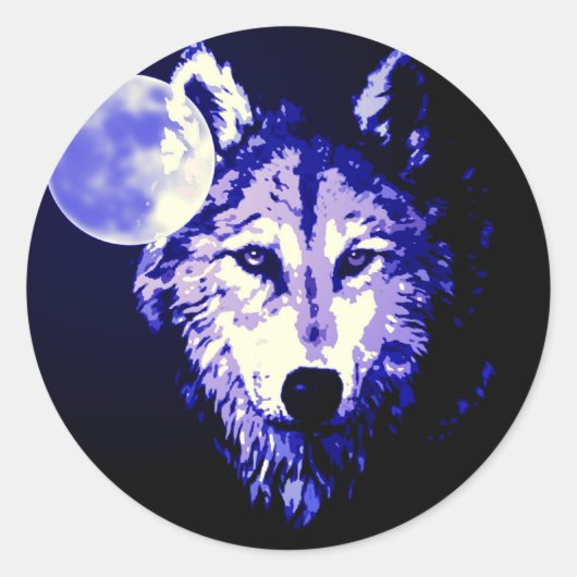 Wolf & Moon Dark Blue Night Collage Ronde Sticker (Voorkant)