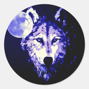 Wolf & Moon Dark Blue Night Collage Ronde Sticker
