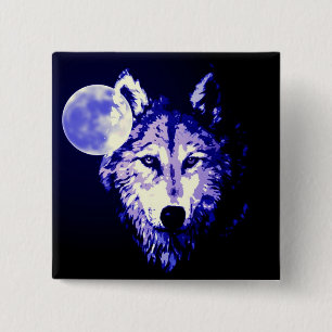 Wolf & Moon Dark Blue Night Collage Vierkante Button 5,1 Cm