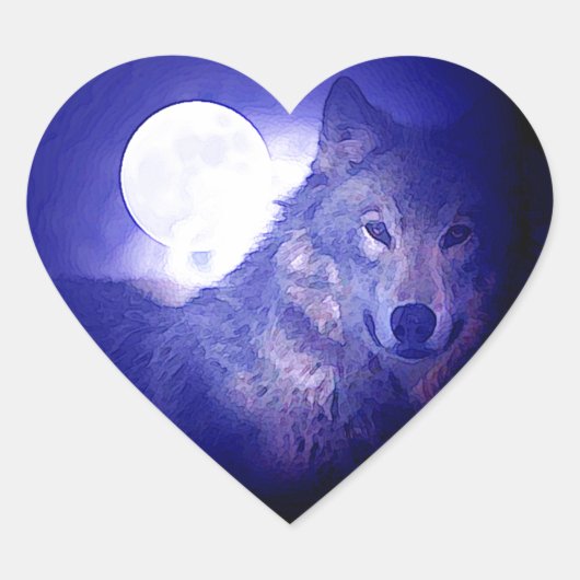 Wolf, Moon en Blue Night Hart Sticker (Voorkant)