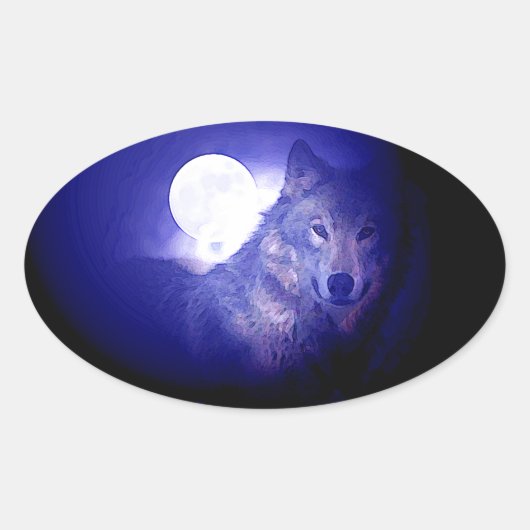 Wolf, Moon en Blue Night Ovale Sticker (Voorkant)