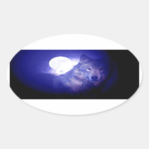 Wolf, Moon en Blue Night Ovale Sticker