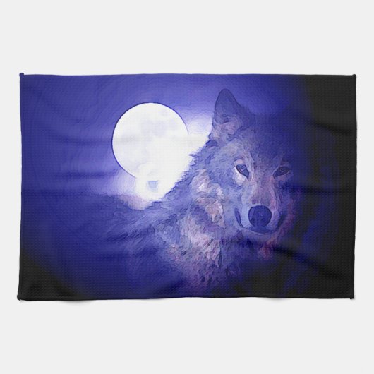 Wolf, Moon en Blue Night Theedoek (Horizontaal)