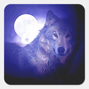 Wolf, Moon en Blue Night Vierkante Sticker