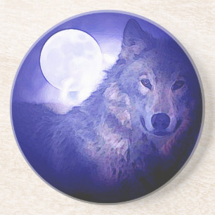 Wolf, Moon en Blue Night Zandsteen Onderzetter
