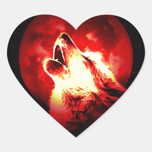 Wolf, Moon en Red Sky Hart Sticker (Voorkant)