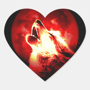 Wolf, Moon en Red Sky Hart Sticker