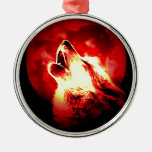 Wolf, Moon en Red Sky Metalen Ornament