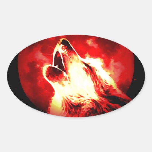 Wolf, Moon en Red Sky Ovale Sticker (Voorkant)