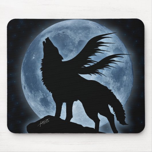 Wolf & Moon (met sterren) Mousepad Muismat (Voorkant)