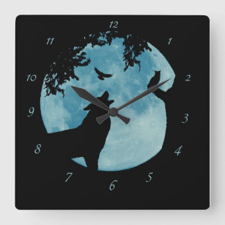 Wolf Moon Raven Owl Wildlife Clock Vierkante Klok