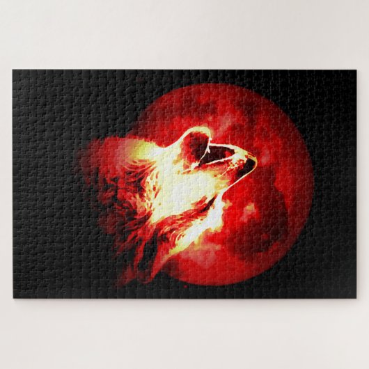 Wolf, Moon & Red Sky Illustration Legpuzzel (Horizontaal)