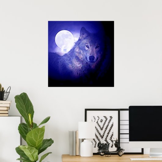 Wolf & Moon Square Poster Print Blue Night Wolven (Thuiskantoor)