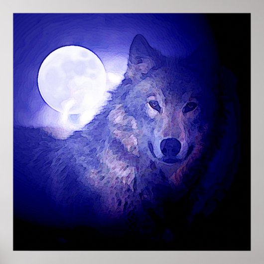 Wolf & Moon Square Poster Print Blue Night Wolven (Voorkant)