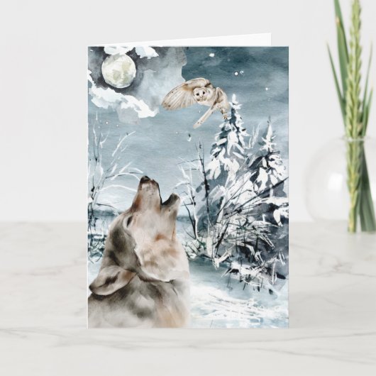Wolf Moon Winter Landscape Waterverf Holiday Kaart (Voorkant)