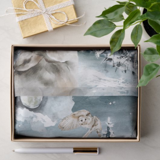 Wolf Moon Winter Landscape Waterverf Owl Tissuepapier (Geschenk)