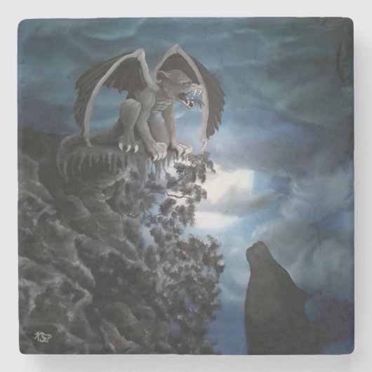 Wolf Moon - Wolf met Golem Stenen Onderzetter (Voorkant)