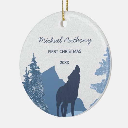 Wolf Mountain Forest Baby's eerste kerstfoto Keramisch Ornament (Links)
