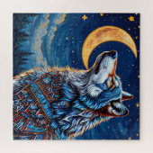 Wolf onder de halve maan 's nachts legpuzzel (Horizontaal)