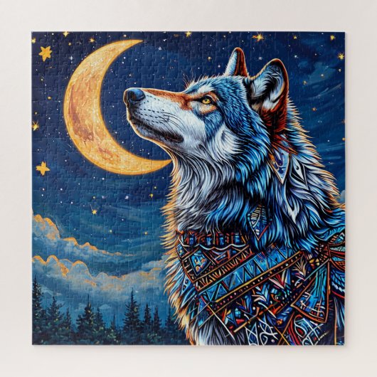 Wolf onder de halve maan 's nachts legpuzzel (Verticaal)