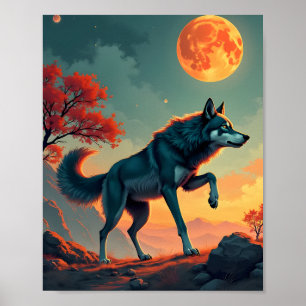 Wolf onder een bloedmaan poster
