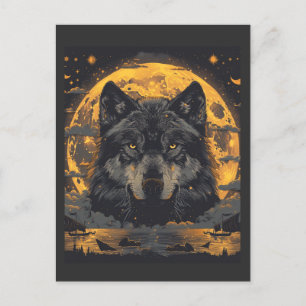 Wolf ontwerp ansichtkaart met volle maan sterren briefkaart