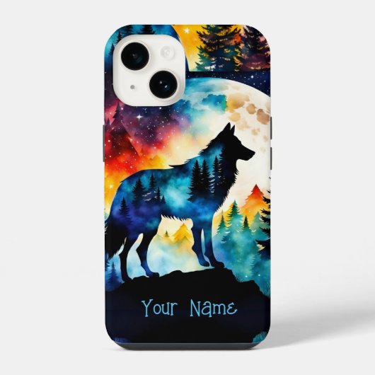 Wolf op de berg-volle maan *Personaliseer* iPhone Hoesje (Achterkant)