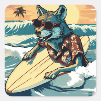 WOLF OP HAWAÏ STRAND VOOR ZOMERVAKANTIE VIERKANTE STICKER