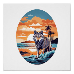Wolf op het strand perfect poster