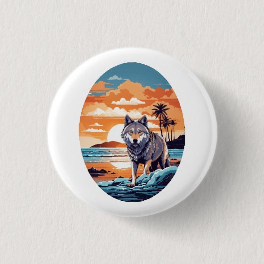 Wolf op het strand ronde button 3,2 cm (Voorkant)