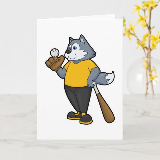 Wolf op honkbal met honkbalknuppel kaart (Gele Bloem)