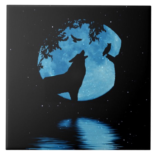 Wolf Owl Raven en Full Moon Art Tegeltje (Voorkant)