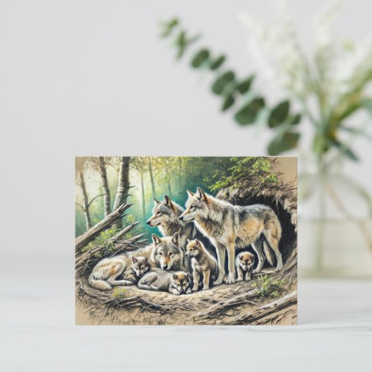 Wolf Pack at the Den with Pups Briefkaart (Staand voorkant)