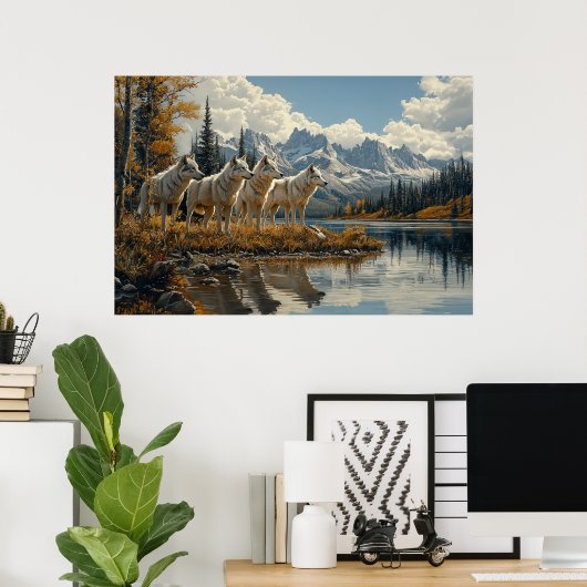 Wolf Pack bij het meer Poster (Thuiskantoor)
