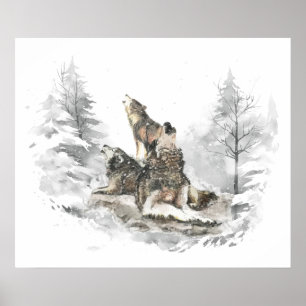 Wolf Pack Howling Winter Song Chorus Animal Art Poster