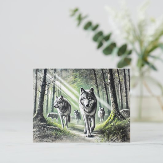 Wolf Pack Moving Through Green Forest Briefkaart (Staand voorkant)