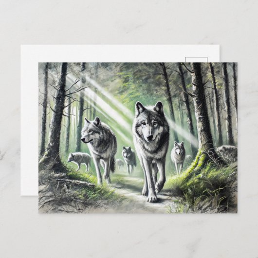 Wolf Pack Moving Through Green Forest Briefkaart (Voorkant / Achterkant)