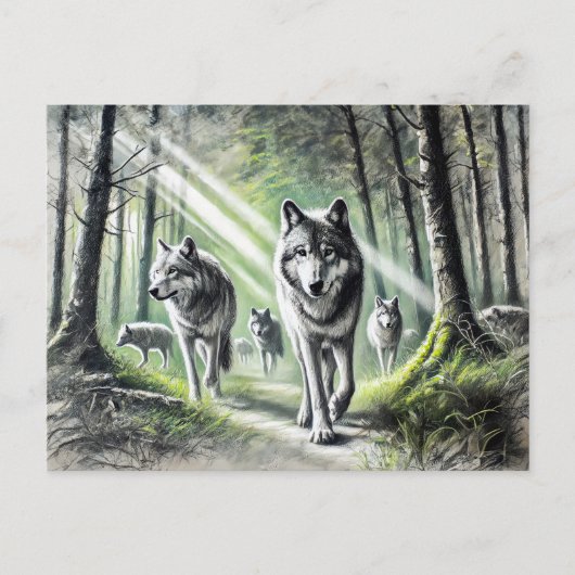 Wolf Pack Moving Through Green Forest Briefkaart (Voorkant)