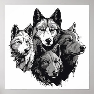 Wolf Pack Tribal Graphic Black en White Wolven Poster