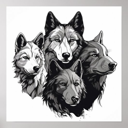 Wolf Pack Tribal Graphic Black en White Wolven Poster (Voorkant)