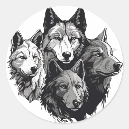 Wolf Pack Tribal Graphic Black en White Wolven Ronde Sticker (Voorkant)