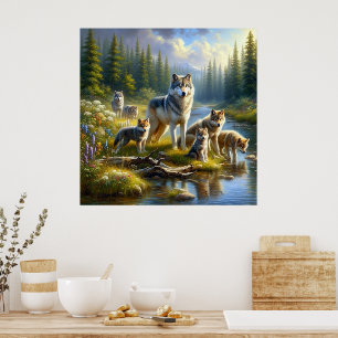 Wolf Pack Wolven Stream Natuur Natuur in het wild  Poster